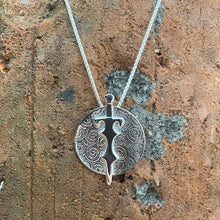 Load image into Gallery viewer, Freagarach Mananann Mac Lir Pendant, Sterling Silver, Textured Silver Necklace, Celtic Sea God Jewelry, Decorative Sword Pendant, Ceremonial Weapon Necklace