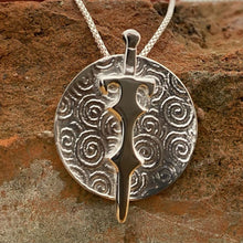 Load image into Gallery viewer, Freagarach Mananann Mac Lir Pendant, Sterling Silver, Textured Silver Necklace, Celtic Sea God Jewelry, Decorative Sword Pendant, Ceremonial Weapon Necklace