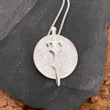 Load image into Gallery viewer, Freagarach Mananann Mac Lir Pendant, Sterling Silver, Textured Silver Necklace, Celtic Sea God Jewelry, Decorative Sword Pendant, Ceremonial Weapon Necklace