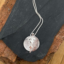 Load image into Gallery viewer, Freagarach Mananann Mac Lir Pendant, Sterling Silver, Textured Silver Necklace, Celtic Sea God Jewelry, Decorative Sword Pendant, Ceremonial Weapon Necklace