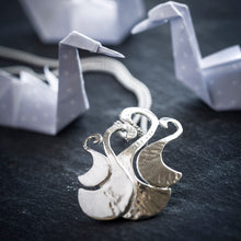 Load image into Gallery viewer, Children of Lir, Sterling Silver Swans Pendant, Bird Lover Gift, Textured Silver Necklace, Ocean Jewellery, Celtic Folklore, Magic Pendant