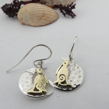 Load image into Gallery viewer, Wild, Irish Hare and the Moon Earrings, Sterling Silver Moon Earrings with Brass Hare Detail, Silver Rabbit Earrings, Lunar Earrings, Animal Earrings, Gardener Gift, Celtic Mythology Jewelry