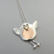 Load image into Gallery viewer, Robin Pendant, Sterling Silver Pendant with Brass and Copper Details, Mixed Metals Jewellery, Animal Pendant, Bird Necklace, Robin Pendant, Nature Necklace, Good Luck Necklace, Bird Watcher Gift