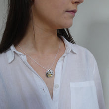 Load image into Gallery viewer, Lughnasa Round Pendant, Sterling Silver Pendant with Brass Detailing, Mixed Metal Necklace, Irish Deity Lugh Pendant, Pagan Light Festival Jewellery, Summer Equinox Jewelry