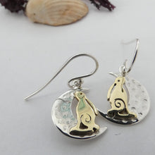 Load image into Gallery viewer, Wild, Irish Hare and the Moon Earrings, Sterling Silver Moon Earrings with Brass Hare Detail, Silver Rabbit Earrings, Lunar Earrings, Animal Earrings, Gardener Gift, Celtic Mythology Jewelry