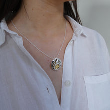 Load image into Gallery viewer, Lughnasa Round Pendant, Sterling Silver Pendant with Brass Detailing, Mixed Metal Necklace, Irish Deity Lugh Pendant, Pagan Light Festival Jewellery, Summer Equinox Jewelry