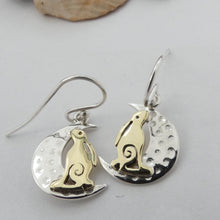 Load image into Gallery viewer, Wild, Irish Hare and the Moon Earrings, Sterling Silver Moon Earrings with Brass Hare Detail, Silver Rabbit Earrings, Lunar Earrings, Animal Earrings, Gardener Gift, Celtic Mythology Jewelry
