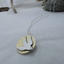 Load image into Gallery viewer, Swallow Pendant, Sterling Silver Bird Pendant with Textured Brass Detail, Gift for Bird Watcher, Nature Jewellery, Summer Jewelry, Celtic Amulet