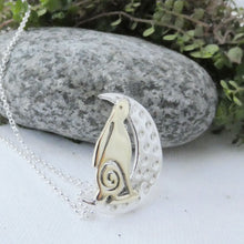 Load image into Gallery viewer, Wild, Irish Hare and the Moon Pendant, Sterling Silver Moon Pendant with Brass Hare Detail, Silver Rabbit Necklace, Moon Pendant, Animal Lover Gift, Gardener Pendant, Celtic Mythology Jewelry