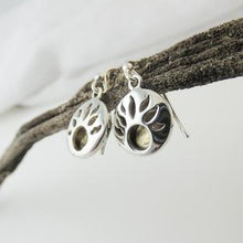 Load image into Gallery viewer, Lughnasa Round Earrings, Sterling Silver Earrings with Brass Detailing, Mixed Metal Earrings, Celtic God Lugh Earrings, Pagan Light Festival Jewellery, Fall Equinox Jewelry