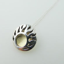 Load image into Gallery viewer, Lughnasa Round Pendant, Sterling Silver Pendant with Brass Detailing, Mixed Metal Necklace, Irish Deity Lugh Pendant, Pagan Light Festival Jewellery, Summer Equinox Jewelry