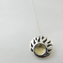 Load image into Gallery viewer, Lughnasa Round Pendant, Sterling Silver Pendant with Brass Detailing, Mixed Metal Necklace, Irish Deity Lugh Pendant, Pagan Light Festival Jewellery, Summer Equinox Jewelry