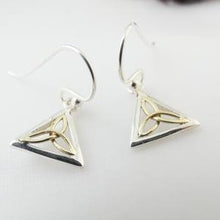 Load image into Gallery viewer, Trinity Knot Earrings, Sterling Silver Earrings with Brass Trinity Knot Details, Geometric Triangle Design, Designed in Ireland, Celtic Knot Jewelry, Celtic Runestone Earrings