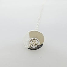 Load image into Gallery viewer, Spiral Triskellion Pendant, Sterling Silver Pendant with Brass Spiral Details, Celtic Knotwork Pendant, Trinity Knot Necklace, Irish Runestone Jewelry, Pagan Pendant