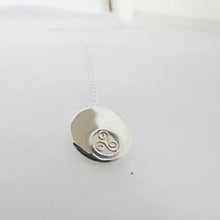 Load image into Gallery viewer, Spiral Triskellion Pendant, Sterling Silver Pendant with Brass Spiral Details, Celtic Knotwork Pendant, Trinity Knot Necklace, Irish Runestone Jewelry, Pagan Pendant