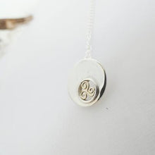 Load image into Gallery viewer, Spiral Triskellion Pendant, Sterling Silver Pendant with Brass Spiral Details, Celtic Knotwork Pendant, Trinity Knot Necklace, Irish Runestone Jewelry, Pagan Pendant