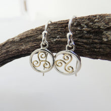 Load image into Gallery viewer, Spiral Triskelion Earrings, Sterling Silver Earrings with Brass Spiral Detail, Celtic Knotwork Earrings, Trinity Knot Jewellery, Irish Runestone Jewelry, Pagan Earrings