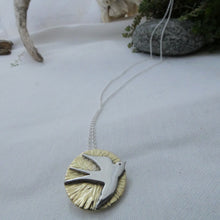 Load image into Gallery viewer, Swallow Pendant, Sterling Silver Bird Pendant with Textured Brass Detail, Gift for Bird Watcher, Nature Jewellery, Summer Jewelry, Celtic Amulet