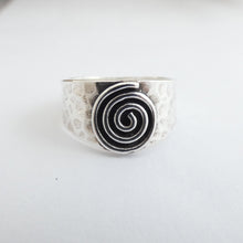 Load image into Gallery viewer, Chunky Ring with Silver Spiral, Sterling Silver Hammered Ring, Oxidised Silver, Celtic Spiral Jewelry, Sun Ring, Change Jewellery