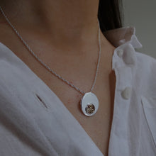 Load image into Gallery viewer, Spiral Triskellion Pendant, Sterling Silver Pendant with Brass Spiral Details, Celtic Knotwork Pendant, Trinity Knot Necklace, Irish Runestone Jewelry, Pagan Pendant