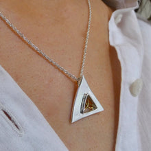 Load image into Gallery viewer, Trinity Knot Pendant, Sterling Silver Pendant with Brass Trinity Knot Details, Geometric Triangle Design, Designed in Ireland, Celtic Knot Jewelry, Celtic Runestone Necklace