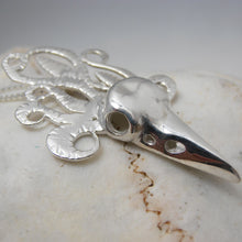 Load image into Gallery viewer, The Morrigan Pendant, Sterling Silver Raven Pendant, Animal Lover Necklace, Solid Silver Bird Skull Pendant, Gothic Jewellery, Irish Warrior Woman, War Goddess Pendant, Silver Crow Skull Talisman