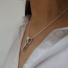 Load image into Gallery viewer, The Raven Pendant, Sterling Silver Raven Pendant, Animal Lover Necklace, Solid Silver Bird Skull Pendant, Gothic Jewellery, Irish Warrior Woman, War Goddess Pendant, Silver Crow Skull Talisman