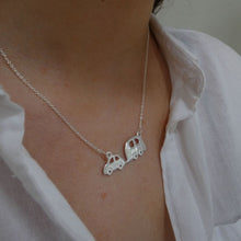 Load image into Gallery viewer, Adventure Awaits Necklace, Sterling Silver Car Necklace, Cute Beetle Car with Trailer, Travel Necklace, Wanderlust Jewellery, Quirky Irish Jewelry