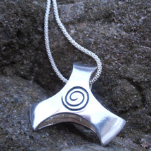 Load image into Gallery viewer, Imbolc Brigid Triple Deity Pendant, Sterling Silver Chunky Pendant, Oxidised Celtic Spiral, Goddess Brigid Necklace, Irish Talisman, St Brigid's Cross Pendant