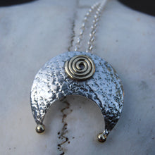 Load image into Gallery viewer, Lunula Pendant, Sterling Silver Crescent Pendant with Brass Detailing, Hammered Silver Moon Necklace, Mixed Metal Jewellery, Torc Pendant, Penanular Brooch Design, Traditional Celtic Jewelry