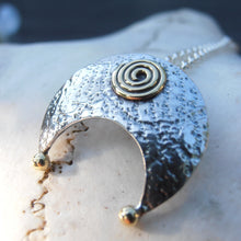 Load image into Gallery viewer, Lunula Pendant, Sterling Silver Crescent Pendant with Brass Detailing, Hammered Silver Moon Necklace, Mixed Metal Jewellery, Torc Pendant, Penanular Brooch Design, Traditional Celtic Jewelry