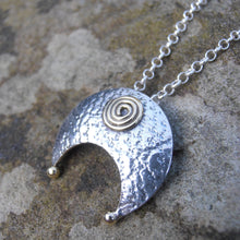 Load image into Gallery viewer, Lunula Pendant, Sterling Silver Crescent Pendant with Brass Detailing, Hammered Silver Moon Necklace, Mixed Metal Jewellery, Torc Pendant, Penanular Brooch Design, Traditional Celtic Jewelry