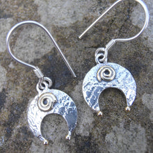Load image into Gallery viewer, Lunula Earrings, Sterling Silver Crescent Earrings with Brass Detailing, Hammered Silver Moon Earrings, Mixed Metal Jewellery, Torc Earrings, Penanular Brooch Design, Traditional Irish Jewelry