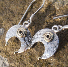 Load image into Gallery viewer, Lunula Earrings, Sterling Silver Crescent Earrings with Brass Detailing, Hammered Silver Moon Earrings, Mixed Metal Jewellery, Torc Earrings, Penanular Brooch Design, Traditional Irish Jewelry