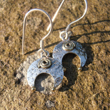 Load image into Gallery viewer, Lunula Earrings, Sterling Silver Crescent Earrings with Brass Detailing, Hammered Silver Moon Earrings, Mixed Metal Jewellery, Torc Earrings, Penanular Brooch Design, Traditional Irish Jewelry