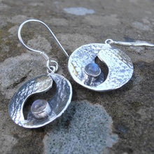 Load image into Gallery viewer, Moonstone Earrings, Textured Sterling Silver Earrings set with Moonstone, Solid Silver Moon Earrings, Nature Jewelery, Light Earrings, Moon Goddess Earrings