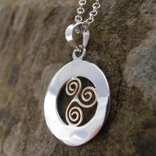 Load image into Gallery viewer, Spiral Offset Pendant, Sterling Silver Pendant with Brass Spiral Detail, Celtic Knotwork Pendant, Trinity Knot Necklace, Irish Runestone Jewelry, Pagan Pendant