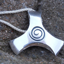 Load image into Gallery viewer, Imbolc Brigid Triple Deity Pendant, Sterling Silver Chunky Pendant, Oxidised Celtic Spiral, Goddess Brigid Necklace, Irish Talisman, St Brigid's Cross Pendant