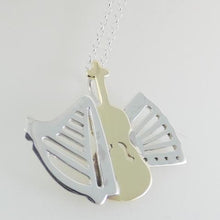 Load image into Gallery viewer, Music Sessions Pendant, Instruments Jewellery, SilverHarp Pendant, Accordion Pendant, Brass Fiddle Pendant, Violin Necklace, Musician Jewelry Gift