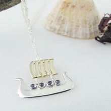 Load image into Gallery viewer, Viking Boat Pendant, Sterling Silver Pendant set with Iolite, Viking Compass Jewellery, Ship Necklace, Nautical Pendant, Sea Voyage Jewelry, Boat Lover Gift, Sailor Gift, Nordic Pendant