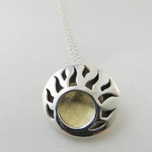 Load image into Gallery viewer, Lughnasa Round Pendant, Sterling Silver Pendant with Brass Detailing, Mixed Metal Necklace, Irish Deity Lugh Pendant, Pagan Light Festival Jewellery, Summer Equinox Jewelry