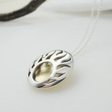 Load image into Gallery viewer, Lughnasa Round Pendant, Sterling Silver Pendant with Brass Detailing, Mixed Metal Necklace, Irish Deity Lugh Pendant, Pagan Light Festival Jewellery, Summer Equinox Jewelry