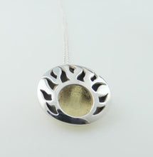 Load image into Gallery viewer, Lughnasa Round Pendant, Sterling Silver Pendant with Brass Detailing, Mixed Metal Necklace, Irish Deity Lugh Pendant, Pagan Light Festival Jewellery, Summer Equinox Jewelry
