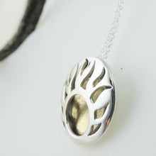 Load image into Gallery viewer, Lughnasa Round Pendant, Sterling Silver Pendant with Brass Detailing, Mixed Metal Necklace, Irish Deity Lugh Pendant, Pagan Light Festival Jewellery, Summer Equinox Jewelry