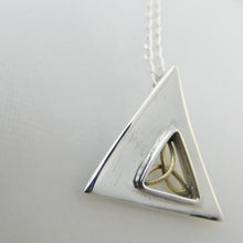 Load image into Gallery viewer, Trinity Knot Pendant, Sterling Silver Pendant with Brass Trinity Knot Details, Geometric Triangle Design, Designed in Ireland, Celtic Knot Jewelry, Celtic Runestone Necklace