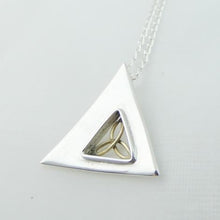 Load image into Gallery viewer, Trinity Knot Pendant, Sterling Silver Pendant with Brass Trinity Knot Details, Geometric Triangle Design, Designed in Ireland, Celtic Knot Jewelry, Celtic Runestone Necklace