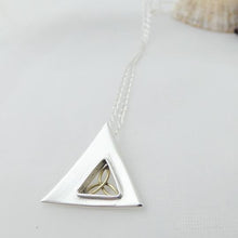 Load image into Gallery viewer, Trinity Knot Pendant, Sterling Silver Pendant with Brass Trinity Knot Details, Geometric Triangle Design, Designed in Ireland, Celtic Knot Jewelry, Celtic Runestone Necklace