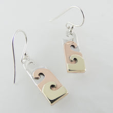 Load image into Gallery viewer, Wave Earrings, Sterling Silver Earrings with Brass and Copper, Ocean Earrings, Marine Earrings, Mixed Metal Design Earrings, Beach Earrings, Gift Idea, Summer Jewellery, Irish Design