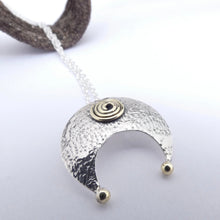 Load image into Gallery viewer, Lunula Pendant, Sterling Silver Crescent Pendant with Brass Detailing, Hammered Silver Moon Necklace, Mixed Metal Jewellery, Torc Pendant, Penanular Brooch Design, Traditional Celtic Jewelry