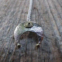 Load image into Gallery viewer, Lunula Pendant, Sterling Silver Crescent Pendant with Brass Detailing, Hammered Silver Moon Necklace, Mixed Metal Jewellery, Torc Pendant, Penanular Brooch Design, Traditional Celtic Jewelry